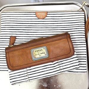 Fossil Brown Leather Wallet and Striped Clutch Makeup Pouch Duo Pair - 2 Pieces